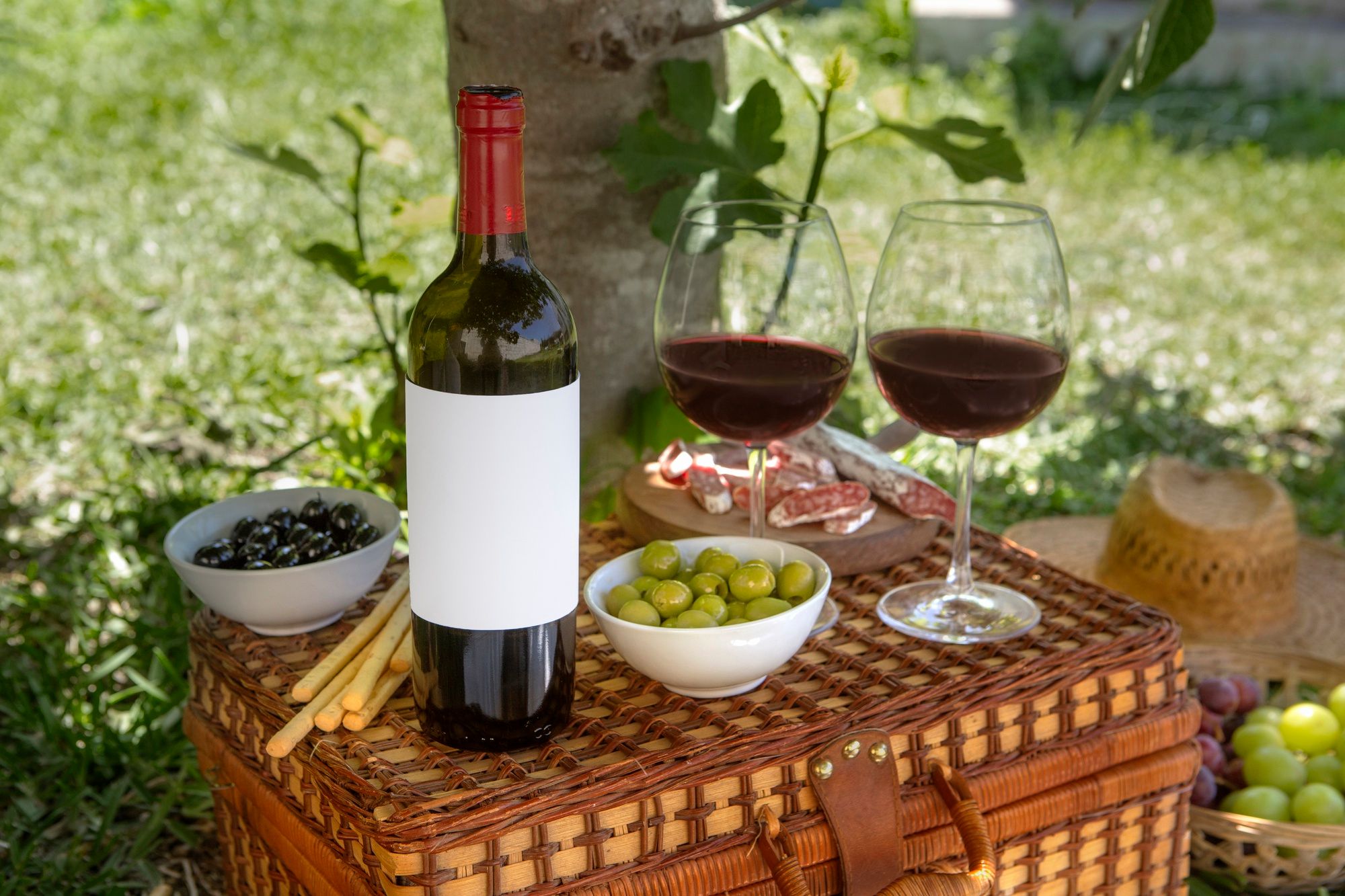 Bouteille et verres de vin sur un panier de pique-nique - Freepik